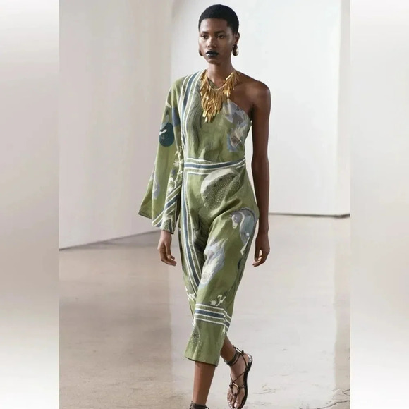 ZARA ZW COLLECTION PRINTED ASYMMETRIC LINEN DRESS - Picture 5 of 13